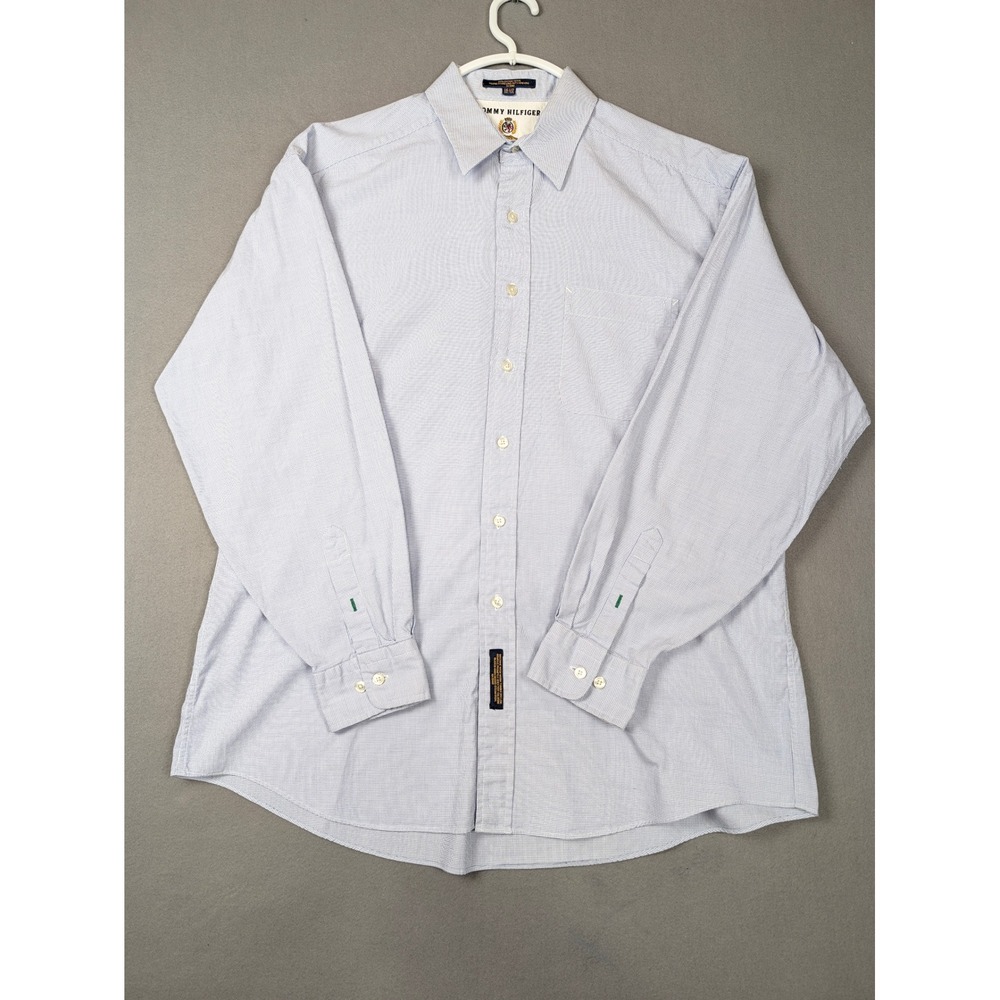 Tommy Hilfiger Mens Blue White Micro Check Button Down Shirt 16.5 34-35 Large
